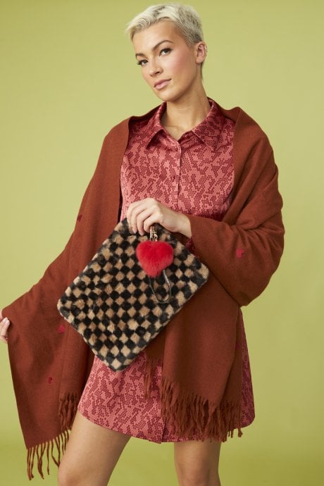 JAYLEY Chocolate Cashmere Blend Wrap With Love Heart Embroidery