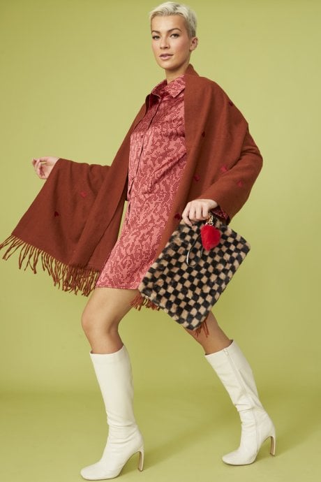 JAYLEY Chocolate Cashmere Blend Wrap with Love Heart Embroidery