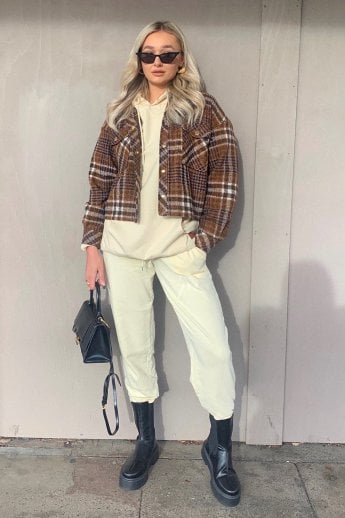 JAYLEY Chocolate Cropped Cashmere Blend Check Jacket