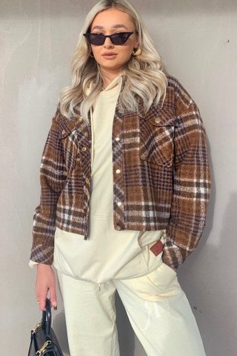 JAYLEY Chocolate Cropped Cashmere Blend Check Jacket