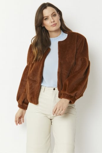 JAYLEY Chocolate Faux Fur Cropped Jacket With Puff Sleeves