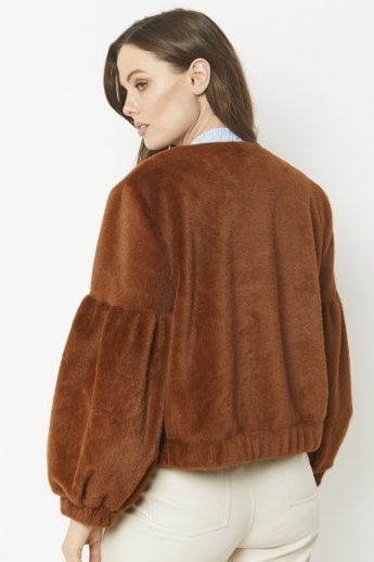 JAYLEY Chocolate Faux Fur Cropped Jacket With Puff Sleeves