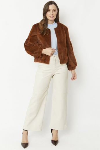 JAYLEY Chocolate Faux Fur Cropped Jacket With Puff Sleeves
