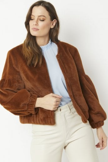 JAYLEY Chocolate Faux Fur Cropped Jacket with Puff Sleeves