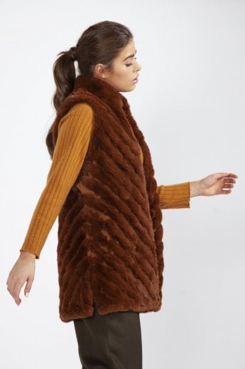 JAYLEY Chocolate Faux Fur Faux Suede Diagonal Striped Long Gilet | Waistcoat