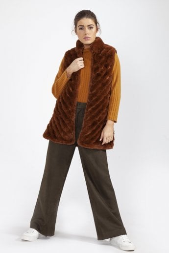 JAYLEY Chocolate Faux Fur Faux Suede Diagonal Striped Long Gilet | Waistcoat