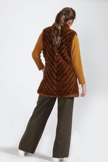 JAYLEY Chocolate Faux Fur Faux Suede Diagonal Striped Long Gilet | Waistcoat