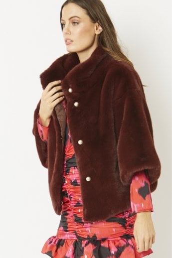 JAYLEY Chocolate Faux Fur Jacket With Pearls