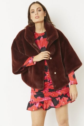 JAYLEY Chocolate Faux Fur Jacket With Pearls