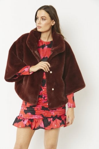 JAYLEY Chocolate Faux Fur Jacket With Pearls