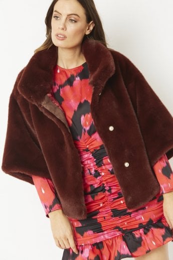 JAYLEY Chocolate Faux Fur Jacket With Pearls