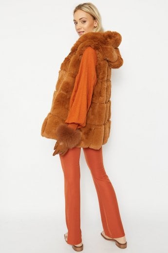 JAYLEY Chocolate Faux Fur Long Hooded Gilet | Waistcoat