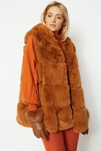 JAYLEY Chocolate Faux Fur Long Hooded Gilet | Waistcoat