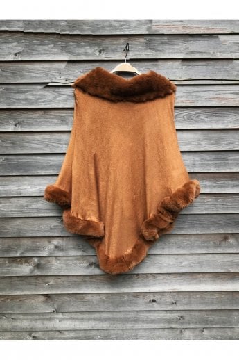 JAYLEY Chocolate Faux Fur Trim Poncho