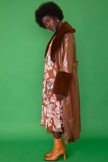 JAYLEY Chocolate Faux Leather Jacket With Detachable Faux Fur Cuffs & Collar