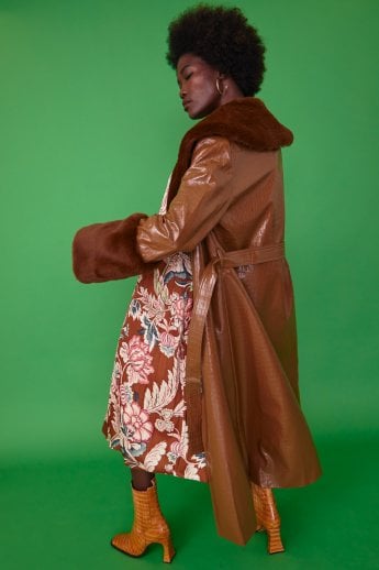 JAYLEY Chocolate Faux Leather Jacket With Detachable Faux Fur Cuffs & Collar