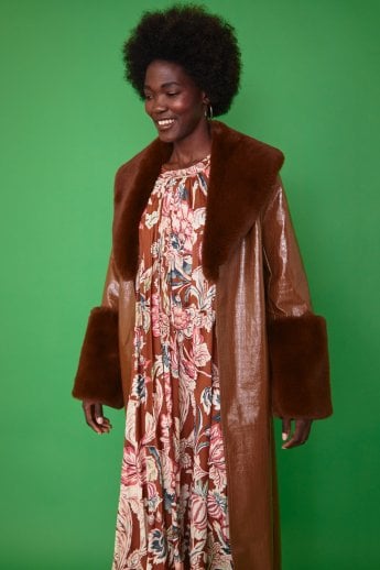 JAYLEY Chocolate Faux Leather Jacket With Detachable Faux Fur Cuffs & Collar