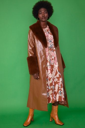 JAYLEY Chocolate Faux Leather Jacket With Detachable Faux Fur Cuffs & Collar