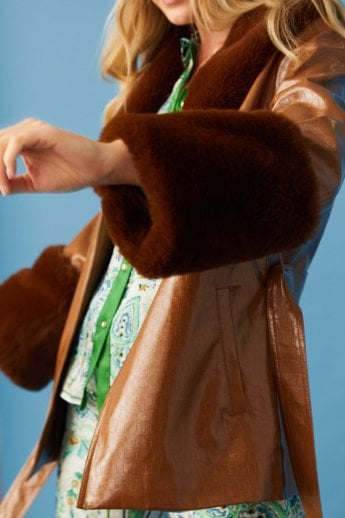 JAYLEY Chocolate Faux Suede With Detachable Faux Fur Collar And Cuffs