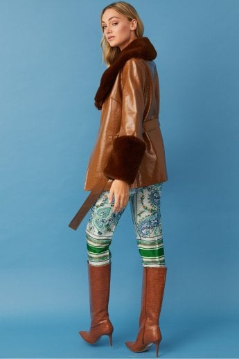 JAYLEY Chocolate Faux Suede With Detachable Faux Fur Collar And Cuffs