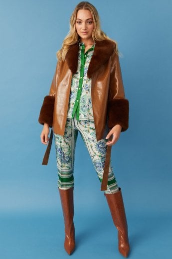 JAYLEY Chocolate Faux Suede With Detachable Faux Fur Collar and Cuffs