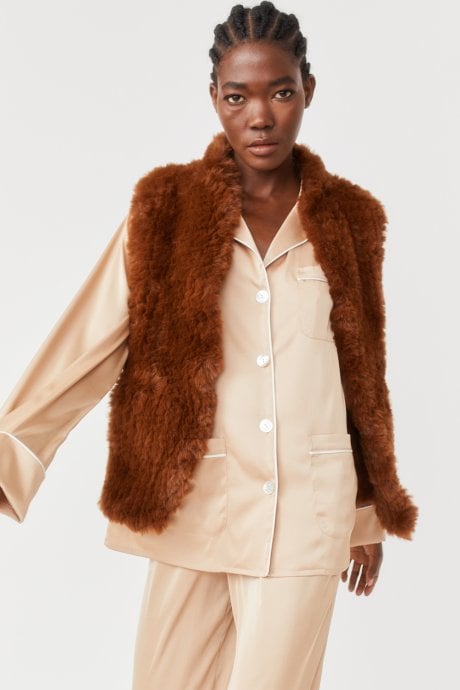 JAYLEY Chocolate Hand Knitted Faux Fur Gilet | Waistcoat