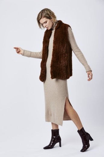 JAYLEY Chocolate Hand Knitted Faux Fur Gilet | Waistcoat