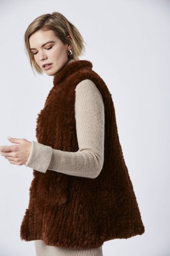 JAYLEY Chocolate Hand Knitted Faux Fur Gilet | Waistcoat