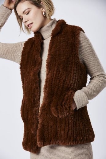JAYLEY Chocolate Hand Knitted Faux Fur Gilet | Waistcoat