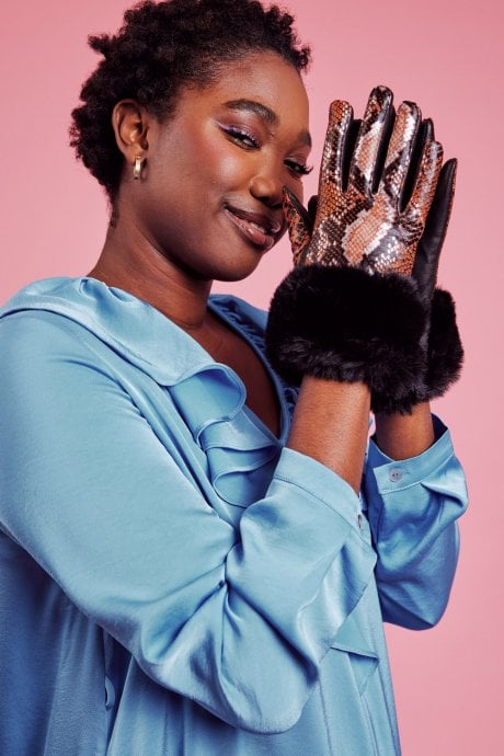 JAYLEY Chocolate Leather Snake Print Effect Gloves with Faux Fur Cuff