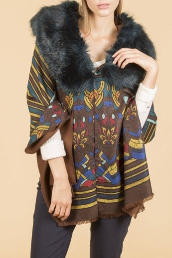 JAYLEY Chocolate Patterned Cashmere And Faux Fur Wrap