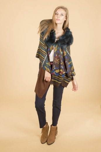 JAYLEY Chocolate Patterned Cashmere And Faux Fur Wrap