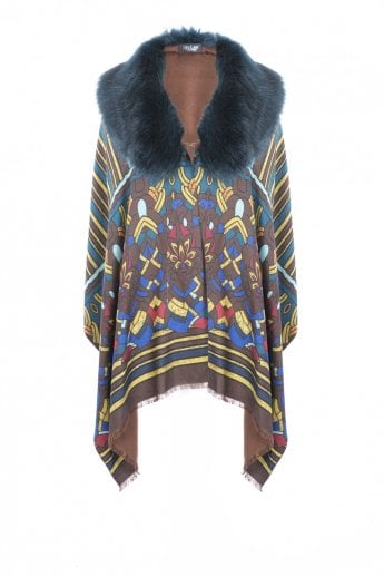 JAYLEY Chocolate Patterned Cashmere and Faux Fur Wrap