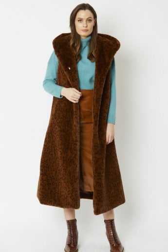 JAYLEY Chocolate Shania Faux Fur Long Length Hooded Gilet | Waistcoat