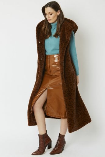 JAYLEY Chocolate Shania Faux Fur Long Length Hooded Gilet | Waistcoat