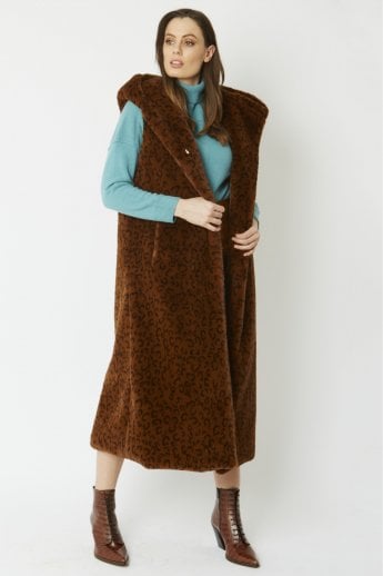 JAYLEY Chocolate Shania Faux Fur Long Length Hooded Gilet | Waistcoat