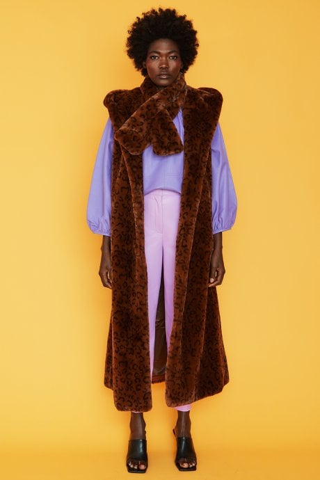 JAYLEY Chocolate Shania Faux Fur Long Length Hooded Gilet | Waistcoat