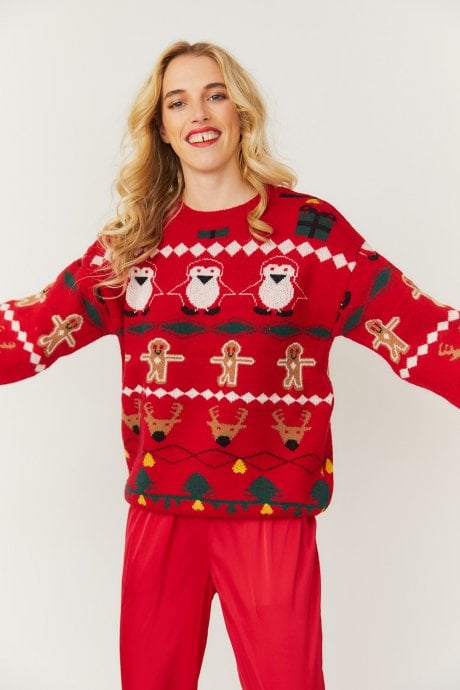 JAYLEY Christmas Jumper With Penguins And Gingerbread Men In Red