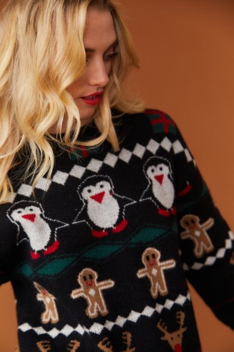 JAYLEY Christmas Jumper With Penguins And Gingerbread Men In Black