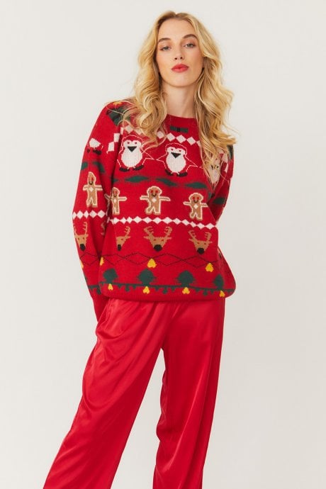 JAYLEY Christmas Jumper with Penguins and Gingerbread Men in Red