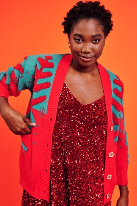 JAYLEY Christmas Tree Red And Green Cashmere Cardigan