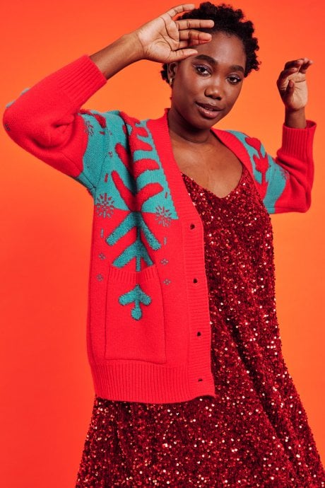 JAYLEY Christmas Tree Red and Green Cashmere Cardigan