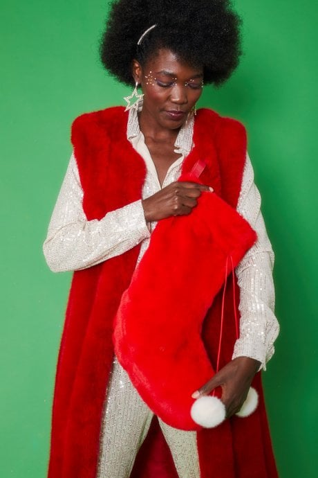 JAYLEY Classic Faux Fur Christmas Stocking With Green Pom Poms