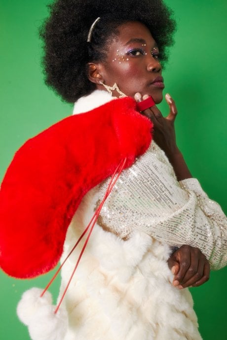 JAYLEY Classic Faux Fur Christmas Stocking With White Pom Poms