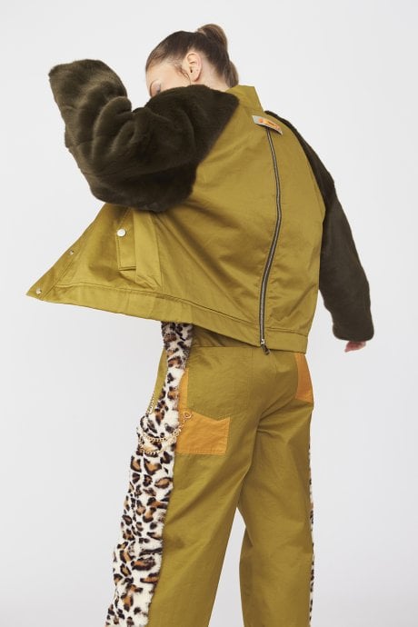 JAYLEY Contrasting Green Faux Fur Bomber Jacket