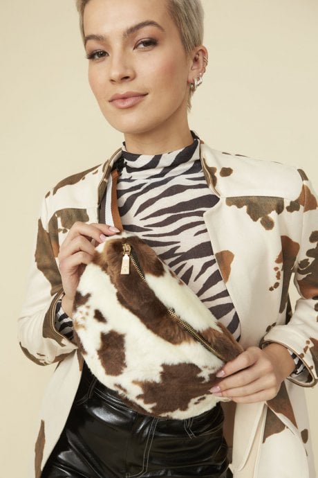JAYLEY Cow Print Cream Faux Fur Bum Bag