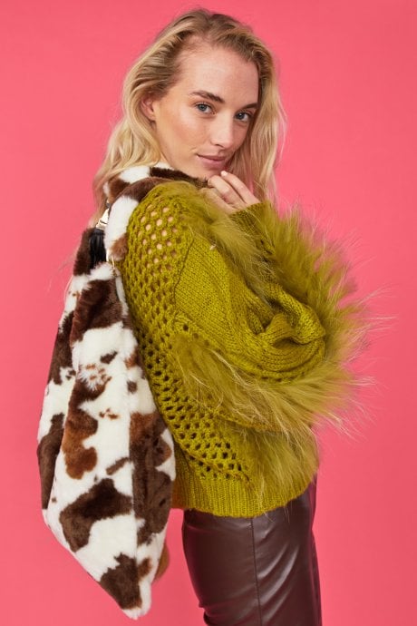 JAYLEY Cow Print Cream Faux Fur Shoulder Bag