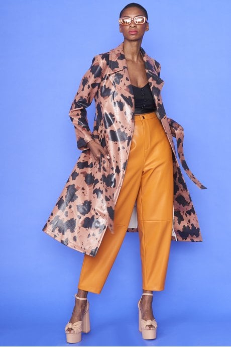 JAYLEY Cow Print Eco Leather Chocolate Brown Trench Coat With Orange Faux Fur Collar