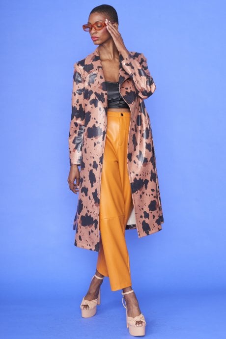 JAYLEY Cow Print Eco Leather Chocolate Brown Trench Coat With Orange Faux Fur Collar