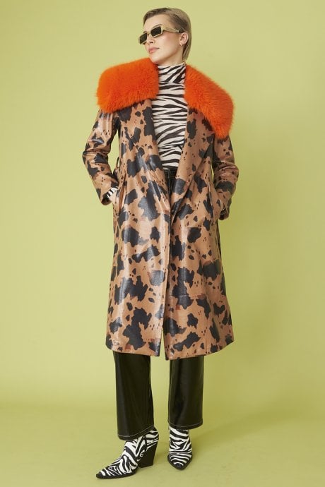 JAYLEY Cow Print Eco Leather Chocolate Brown Trench Coat With Orange Faux Fur Collar